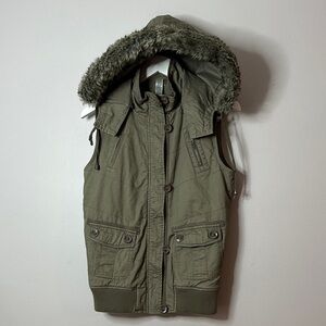 Olive Green Hooded Vest with Faux Fur Trim size S
